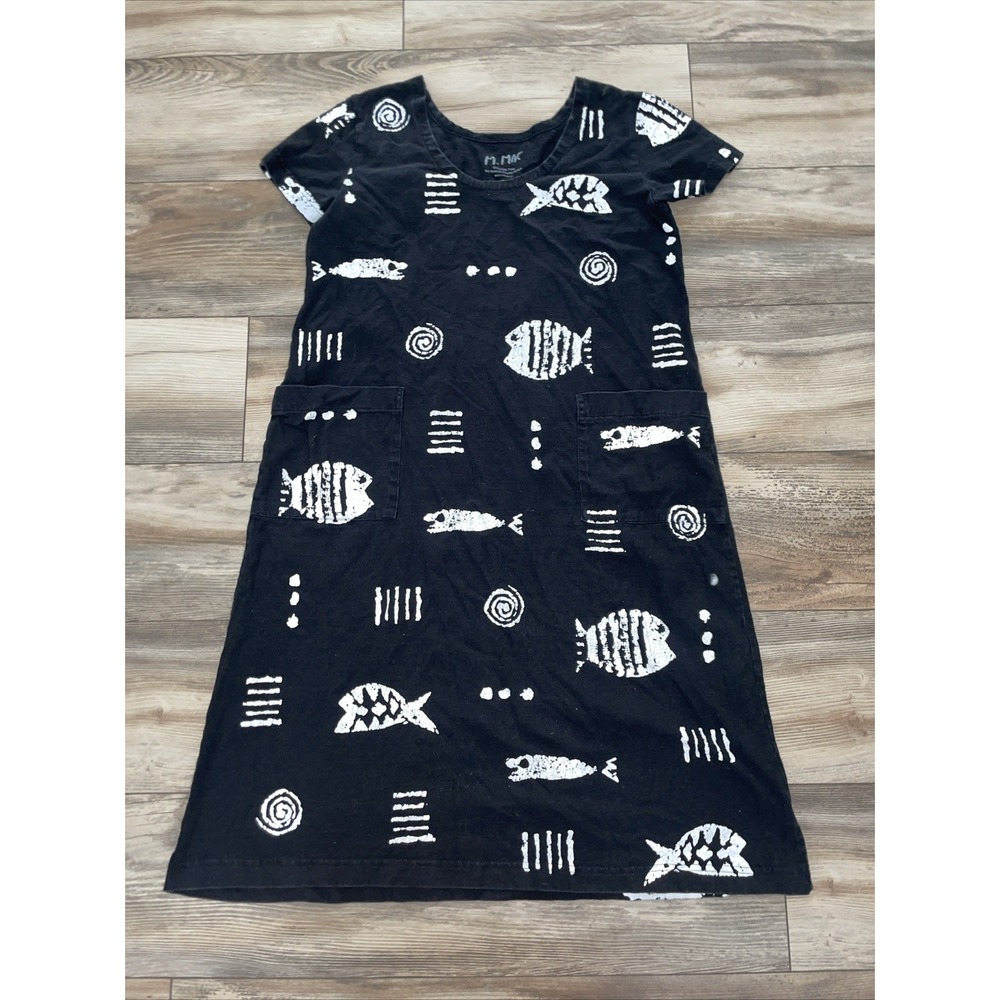M.Mac Vintage Black Cotton Fish Print T-Shirt Dress Beach Coverup Women Small